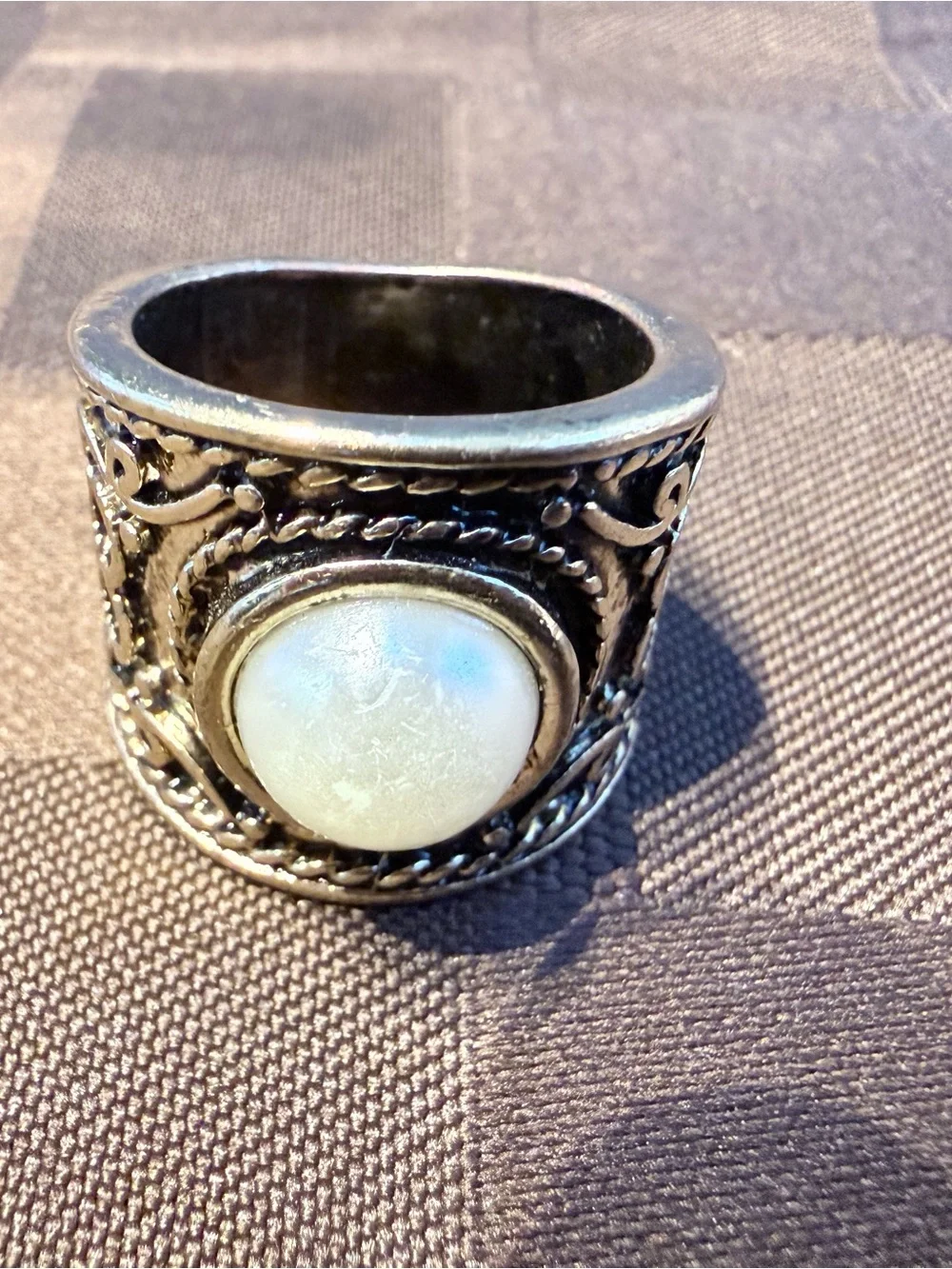 Vintage Ornate Filigree Faux Pearl Wide Band Statement Ring - US Size 6.75